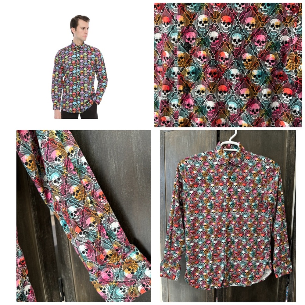 Luchiano‎ Visconti Black Colorful Skulls MultiColored Button Down Shirt